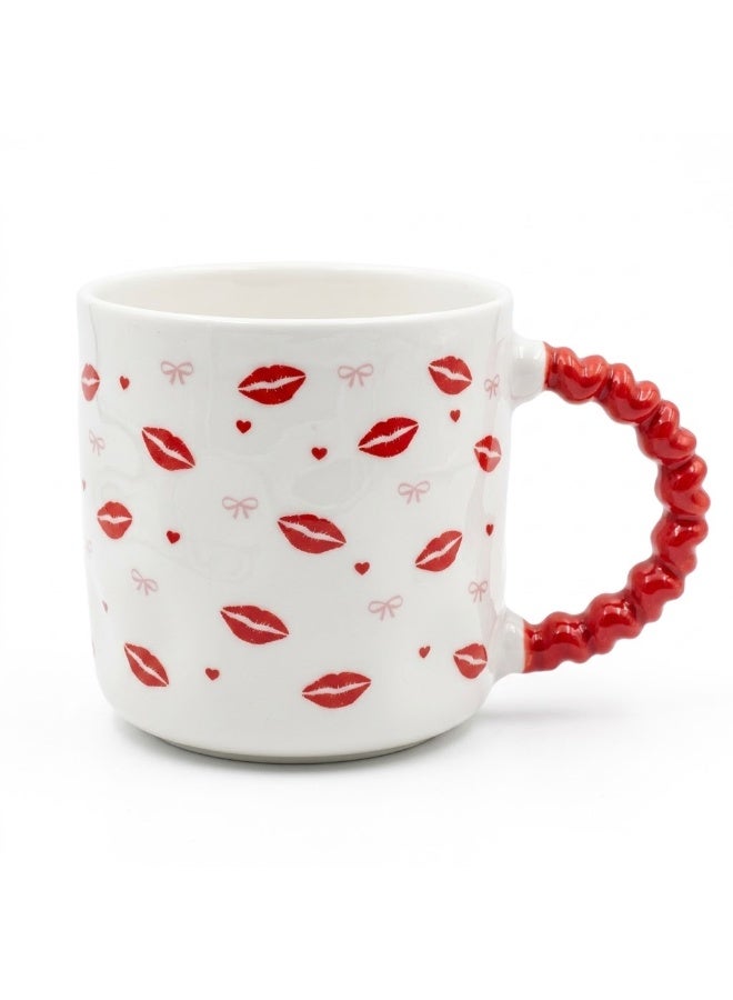 White Ceramic Coffee and Tea Mug with Kiss Lips and Ribbon Pattern and Red Bubble Beaded Handle - Single Piece Mug for Home and Office - Image 1