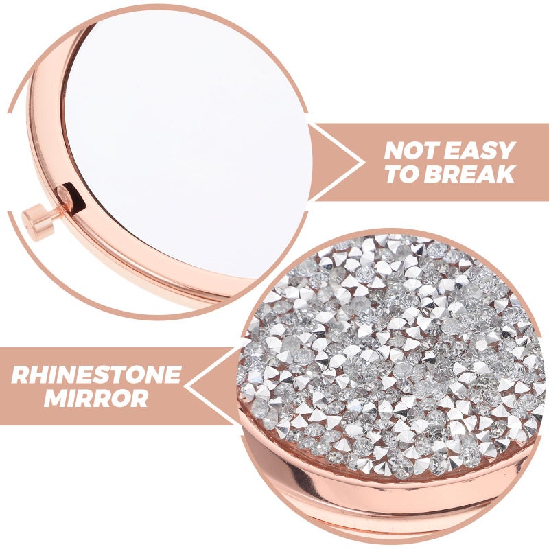 Rose Gold Rhinestone Cover Portable Folding Compact Mirror for Travel Purse and Daily Use - Image 4