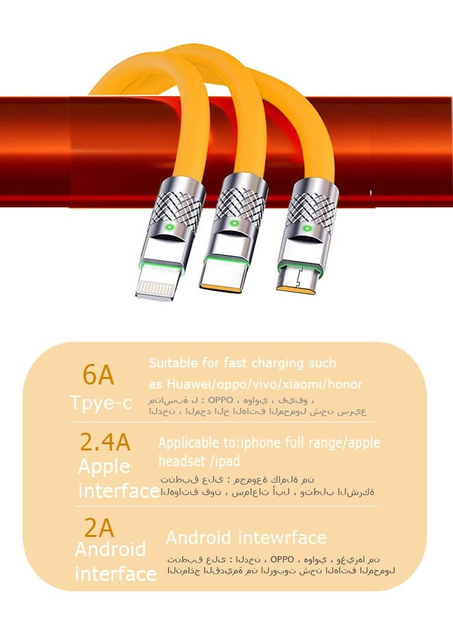 Ocean 6A Hight Current 3 in 1 Fast Charger Cord Multi Function Charging Cable120W, 1.2 Meter Super Soft Silicone Universal USB Charging Cable Adapter with Lightning/Type C/USB Port(Lemon yellow) - Image 5