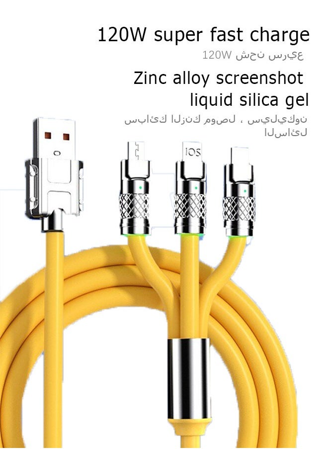 Ocean 6A Hight Current 3 in 1 Fast Charger Cord Multi Function Charging Cable120W, 1.2 Meter Super Soft Silicone Universal USB Charging Cable Adapter with Lightning/Type C/USB Port(Lemon yellow)  - Image 2