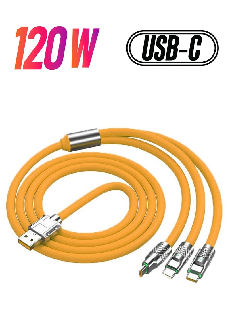 Ocean 6A Hight Current 3 in 1 Fast Charger Cord Multi Function Charging Cable120W, 1.2 Meter Super Soft Silicone Universal USB Charging Cable Adapter with Lightning/Type C/USB Port(Lemon yellow)  - Image 1