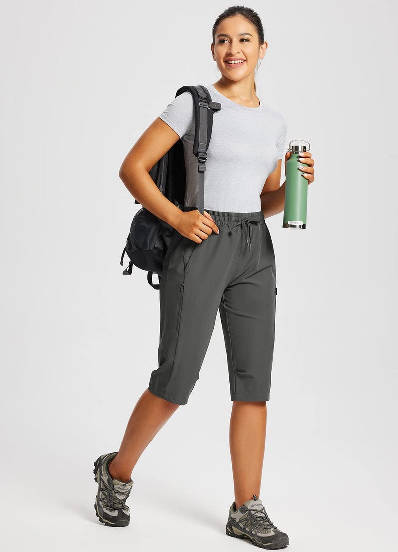 baleaf Women's Below Knee Long Hiking Cargo Shorts UPF 50 3/4 Capri Lightweight Water Resistant Zip Pocket Elastic Waist Dark Grey XL - Image 3