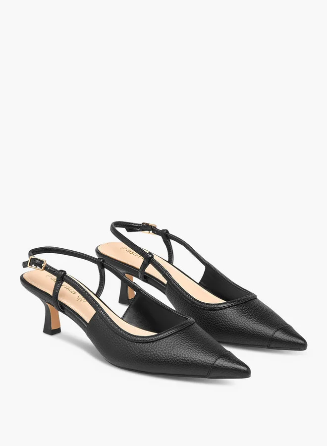 Paprika Textured Pointed Shoes with Kitten Heels and Buckle Closure