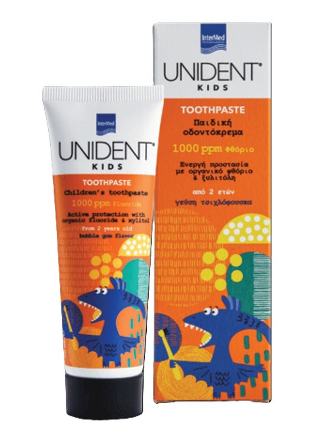 InterMed Unident Kids Toothpaste 50ml – Bubble Gum Flavor with 1000ppm Fluoride & Xylitol for Children Aged 2+