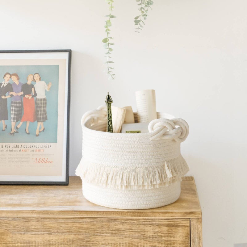 Cherrynow Small Woven Storage Baskets Cotton Rope Decorative Hamper For Diaper  Blankets  Magazine And Keys  Cute Tassel Nursery Decor - Home Storage Container - 9.5'' X 7'' Off-White - Image 3