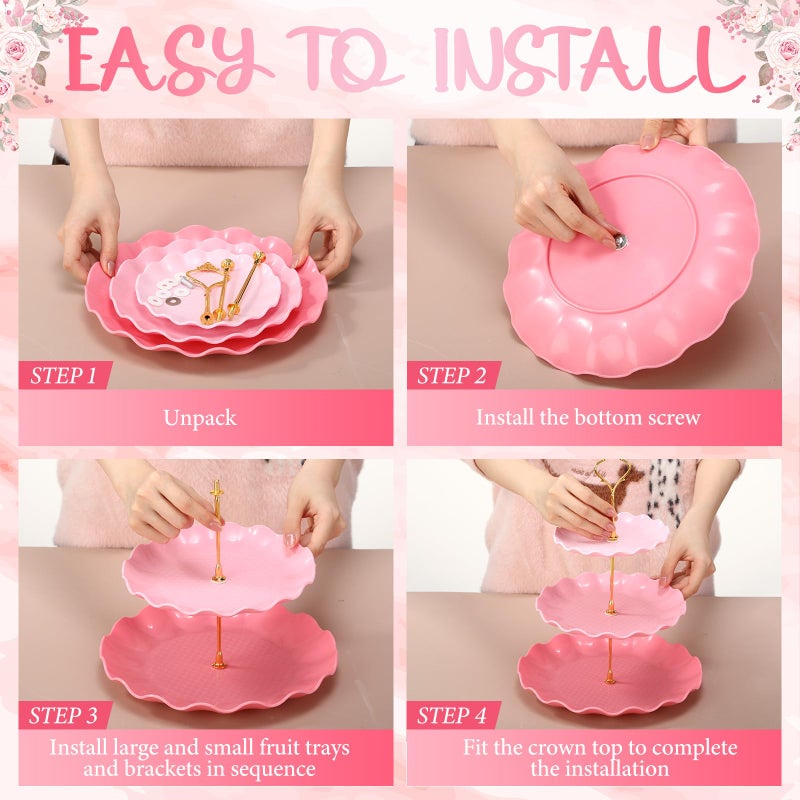 FoldTier 6 Pack Cupcake Stand Set 3 Round 3 Tier Gradient Dessert Table Display Stands Cookie Tray Rack 3 X14 in Rectangle Party Trays for Wedding Birthday Tea Party Baby Shower(Pink) - Image 4