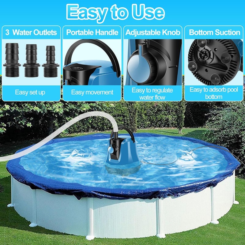 FineBud Submersible Water Pump, Adjustable Flow Sump Pump, Pool Cover Pump Above Ground, Electric Portable Water Removal Pumps, Water Pump for Pool Draining with 10ft Drainage Hose,3 Adapters,950GPH - Image 3