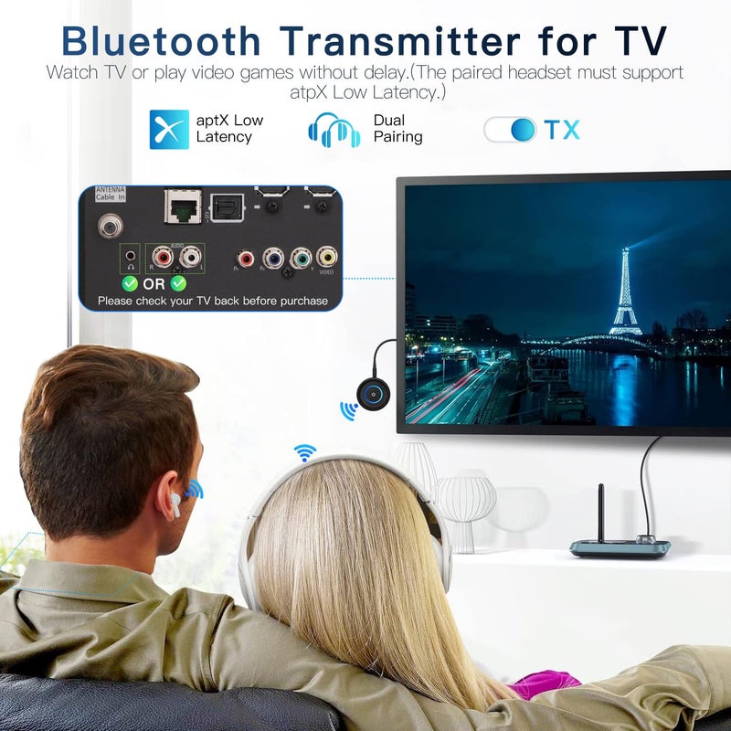 BANIGIPA Bluetooth 5.3 Transmitter Receiver, 2-in-1 Wireless Transmitter Receiver for TV/Airplane/Home Stereo/Speakers/Headphones/Car, Audio Adapter w/3.5mm AUX/RCA Jack, Dual Link, Low Latency, 16H - Image 4