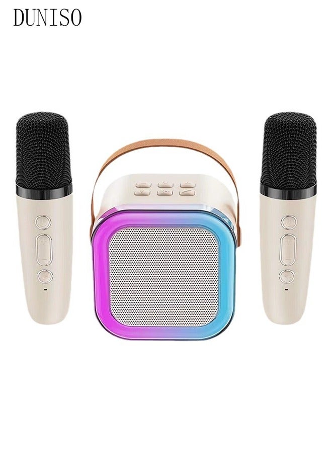 DUNISO Kids Mini Karaoke Machine, Portable Karaoke Machine with 2 Wireless Microphones, Mini Bluetooth Speaker Microphone, LED Light, Suitable for Party, Home KTV, Outdoor, Travel Gift (Beige) - Image 3