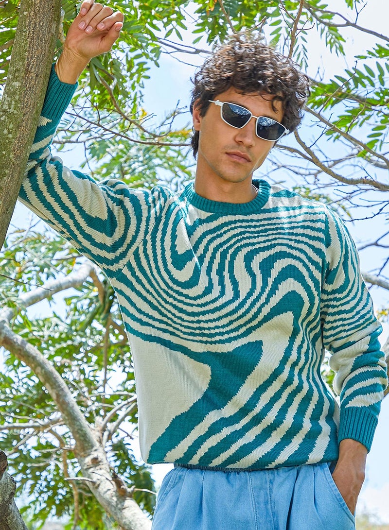 Campus Sutra Men's Emerald Green & Saltbox Beige Fluid Pullover Sweater  - Image 1