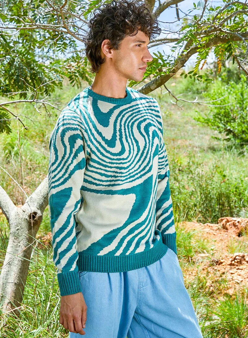 كامبوس سوترا Men's Emerald Green & Saltbox Beige Fluid Pullover Sweater