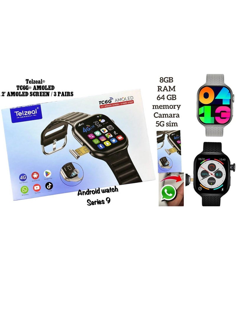 modio - Telzeal TC6G Rear Camera Full Display Smart Watch with SIM Card Slot 8GB RAM 64GB ROM 3 Pairs Bands Compatible with iOS and Android for Men Women (Silver) - Image 1