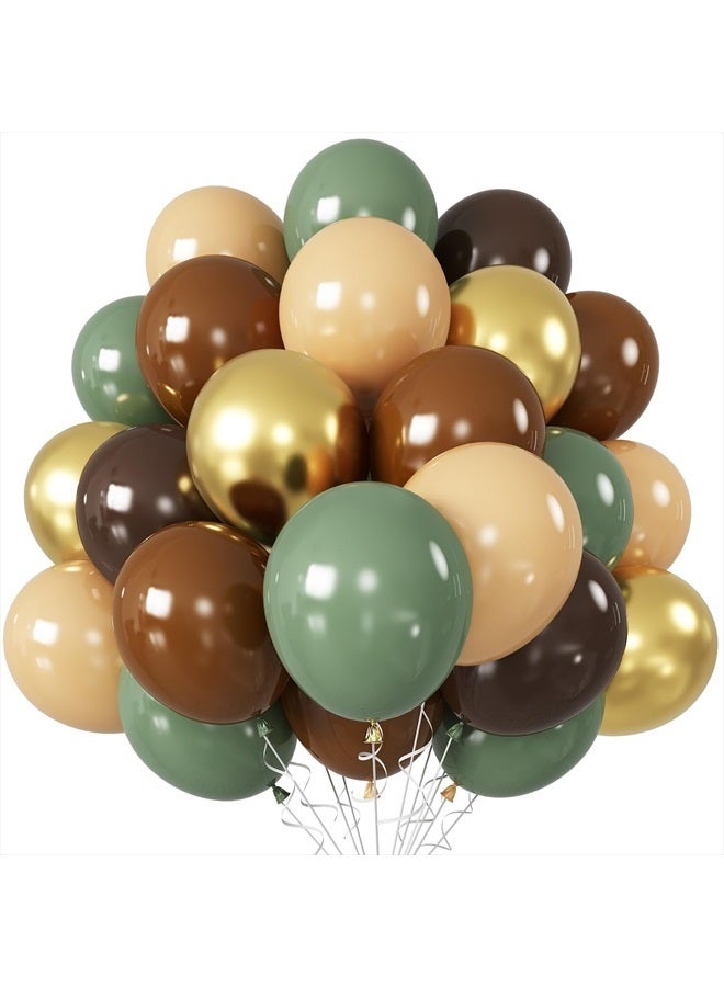 Teslite Green and Brown Balloons, 60 PCS Sage Green Dark Brown Beige Latex Balloons Set with Metallic Gold Balloons, Olive Green Gold Nude Coffee Party Balloon for Jungle Safari Woodland Birthday Decorations - Image 1