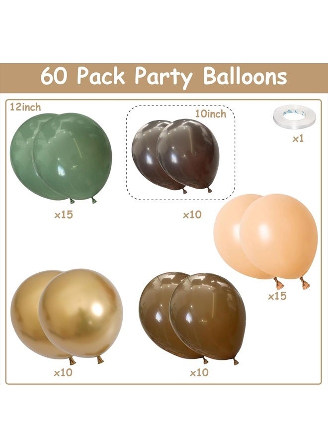 Teslite Green and Brown Balloons, 60 PCS Sage Green Dark Brown Beige Latex Balloons Set with Metallic Gold Balloons, Olive Green Gold Nude Coffee Party Balloon for Jungle Safari Woodland Birthday Decorations - Image 2
