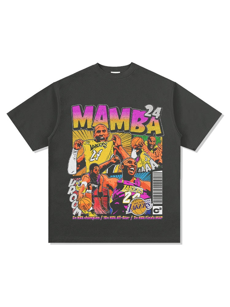 Retro Kobe Printed Short-sleeved Long-sleeved T-shirt Washed Loose Heavy Cotton Crewneck Hooded Sweat - Image 3