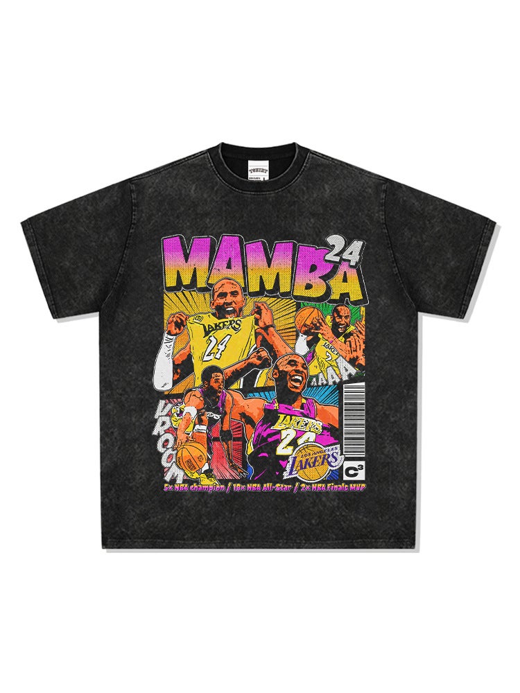 Retro Kobe Printed Short-sleeved Long-sleeved T-shirt Washed Loose Heavy Cotton Crewneck Hooded Sweat - Image 4