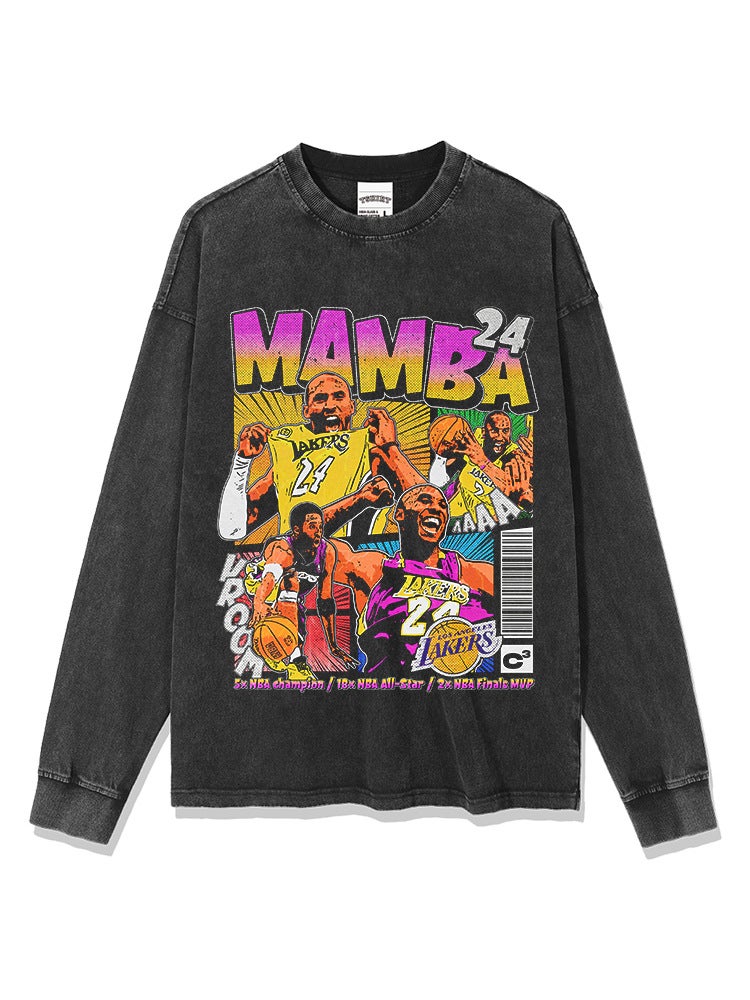 Retro Kobe Printed Short-sleeved Long-sleeved T-shirt Washed Loose Heavy Cotton Crewneck Hooded Sweat - Image 5