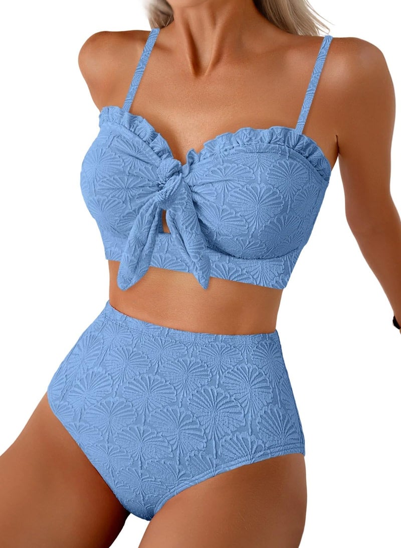 Herseas Women's Textured Bikini Sets Knotted Front Ruffle Trim Cutout Swimsuits Removable Pads Wire Free Tummy Control Bathing Suits Vintage Solid Blue Outfits X-Large - Image 1