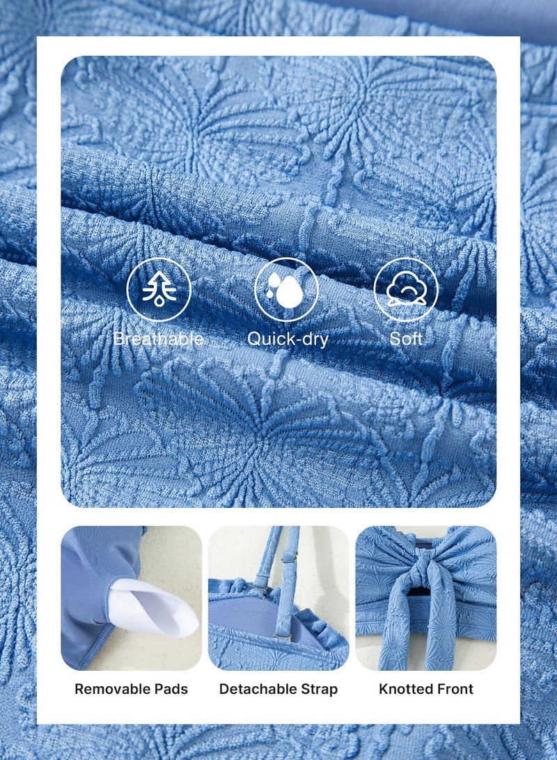 Herseas Women's Textured Bikini Sets Knotted Front Ruffle Trim Cutout Swimsuits Removable Pads Wire Free Tummy Control Bathing Suits Vintage Solid Blue Outfits X-Large - Image 5