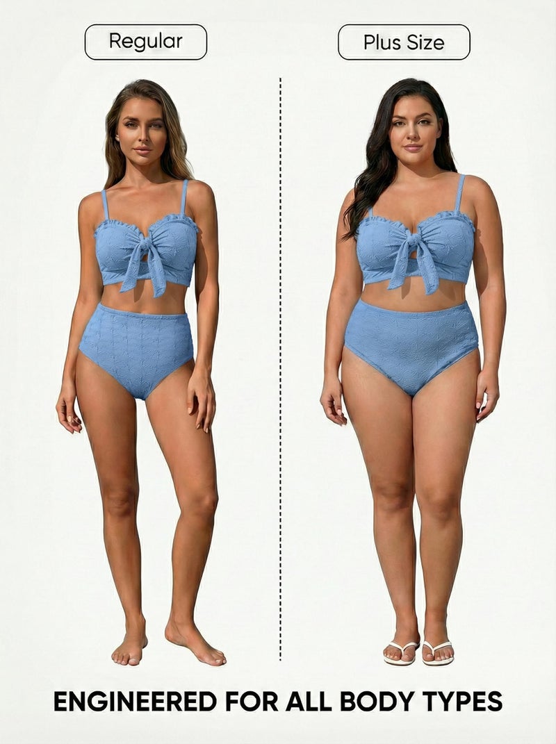 Herseas Women's Textured Bikini Sets Knotted Front Ruffle Trim Cutout Swimsuits Removable Pads Wire Free Tummy Control Bathing Suits Vintage Solid Blue Outfits X-Large - Image 4