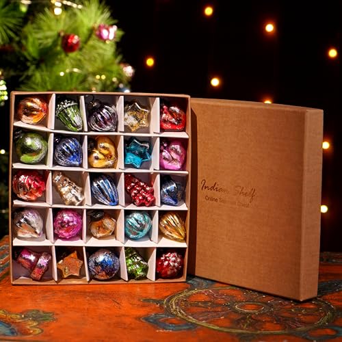 Indian-Shelf Indianshelf 25 Piece Handcrafted Glass Vintage Ornaments with Gift Box- Vintage Christmas Tree Ornaments Set- Distress Mini Xmas Decor - Unique Retro Christmas Decorations Bulk, Reusable Holiday Decor - Image 2