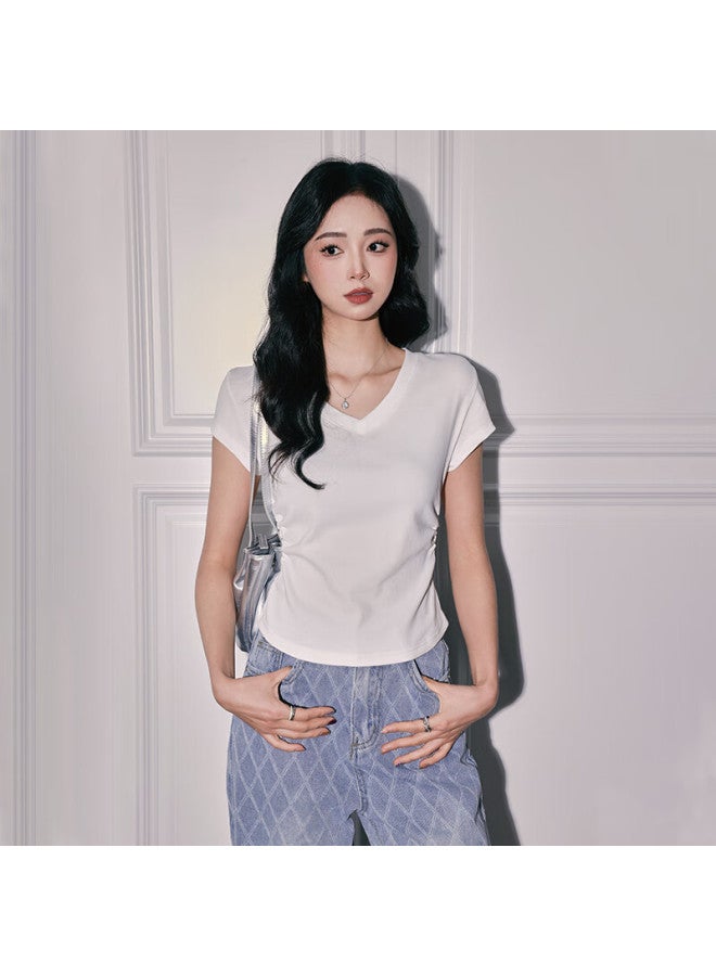 Nome Women's Summer New V-neck Short Sleeve T-shirt With Pleated Waist And Slim Fit Half Sleeve Linen Gray 2XL - Image 5