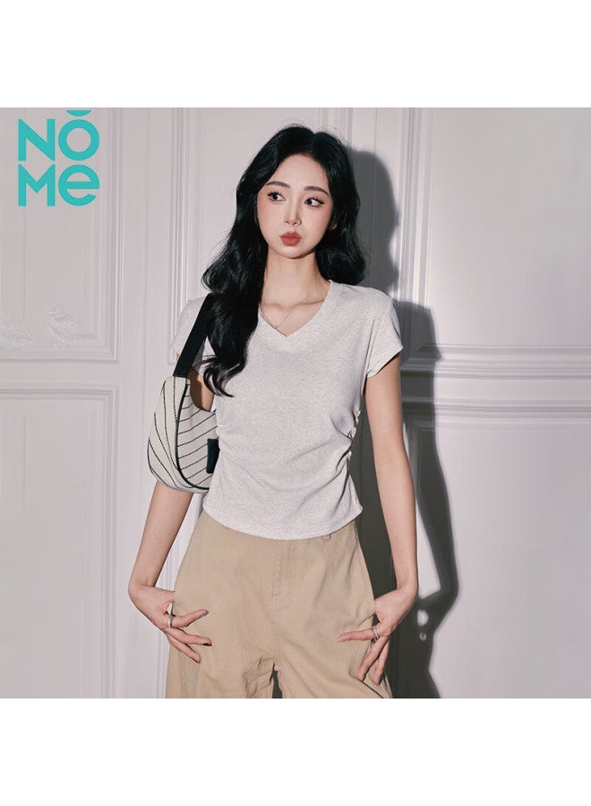 Nome Women's Summer New V-neck Short Sleeve T-shirt With Pleated Waist And Slim Fit Half Sleeve Linen Gray 2XL - Image 1