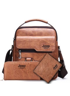Jeep Three Piece PU Leather Fashionable Crossbody Bag Matching Handbag, Short Double Fold Leather Wallet, Brown  - Image 1
