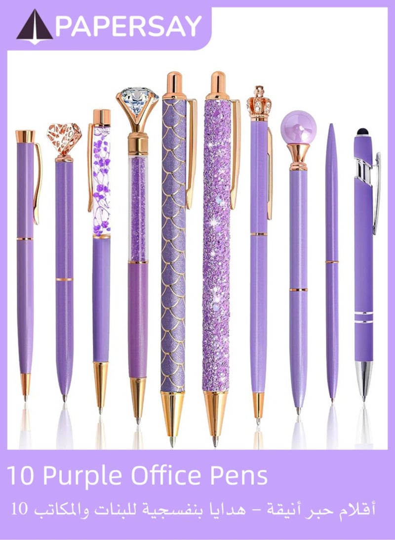PAPERSAY 10 Pcs Ballpoint Pen for Women and Girls, Fancy Black Ink Pens,Metal Crystal Diamond Pen Glitter Pen, Gifts for Journaling , Office Desk Supplies, School Stationery Supplies.( Purple)  - Image 1