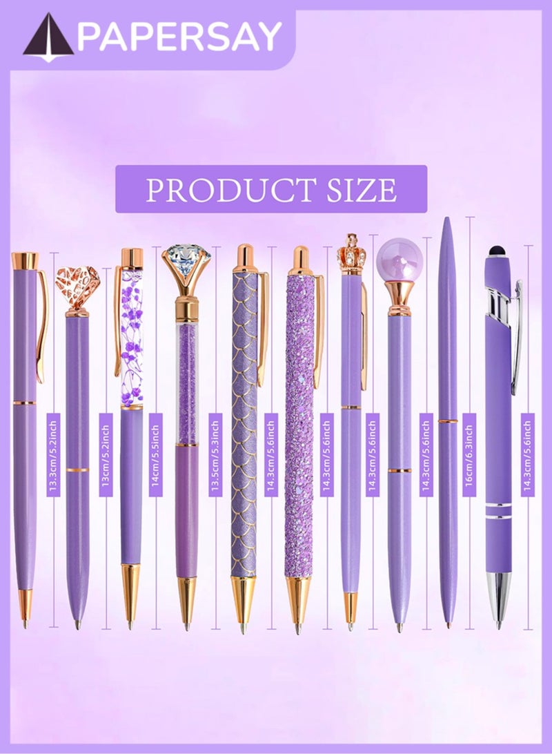 PAPERSAY 10 Pcs Ballpoint Pen for Women and Girls, Fancy Black Ink Pens,Metal Crystal Diamond Pen Glitter Pen, Gifts for Journaling , Office Desk Supplies, School Stationery Supplies.( Purple)  - Image 2