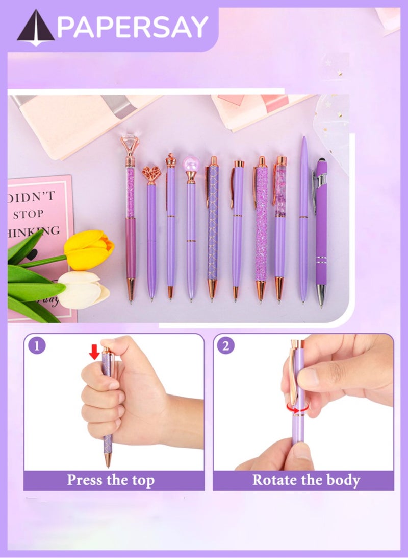 PAPERSAY 10 Pcs Ballpoint Pen for Women and Girls, Fancy Black Ink Pens,Metal Crystal Diamond Pen Glitter Pen, Gifts for Journaling , Office Desk Supplies, School Stationery Supplies.( Purple)  - Image 3
