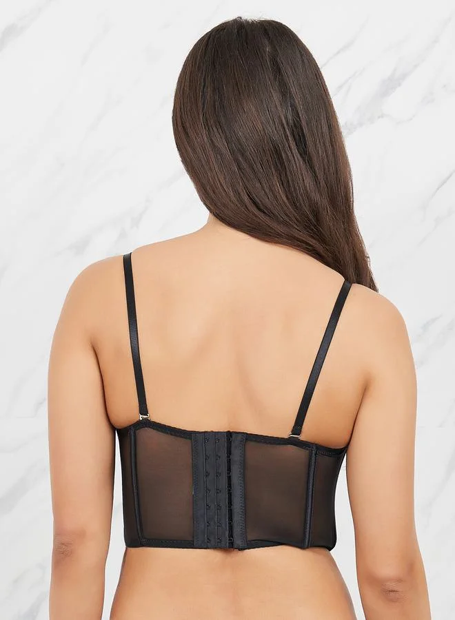 Styli Padded Wired Satin Bow Mesh Corset Bra with Bonning
