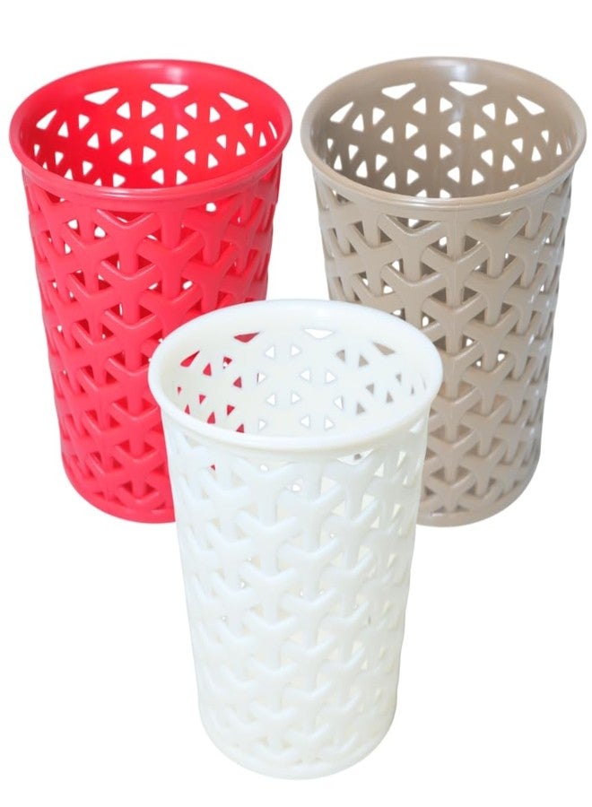 MORVI Linea Big Round Plastic Multipurpose Organizer For Kitchen, Bathroom, Salon, Office|Stationery,Cutlery,Pen,Makeup Brushes Holder|Hanging Toothbrush Stand |Pack Of 3 | RED WHITE COFFEE - Image 1