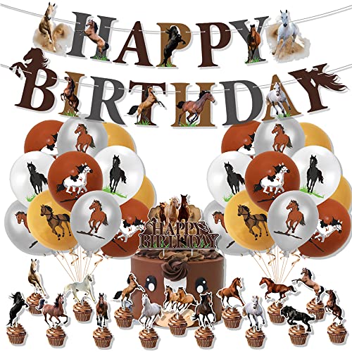 Boerni Horse Party Decoration for Girls Boys Riding Horse Birthday Party Supplies  Horse Happy Birthday Banner Balloons Cake Cupcake Toppers for Kid Western Cowboy Pony Birthday Party Decoration - Image 1