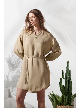 Tchibo Women Spread Collar Long Sleeves Plain Dress, Beige  - Image 1