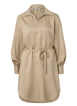 Tchibo Women Spread Collar Long Sleeves Plain Dress, Beige  - Image 2