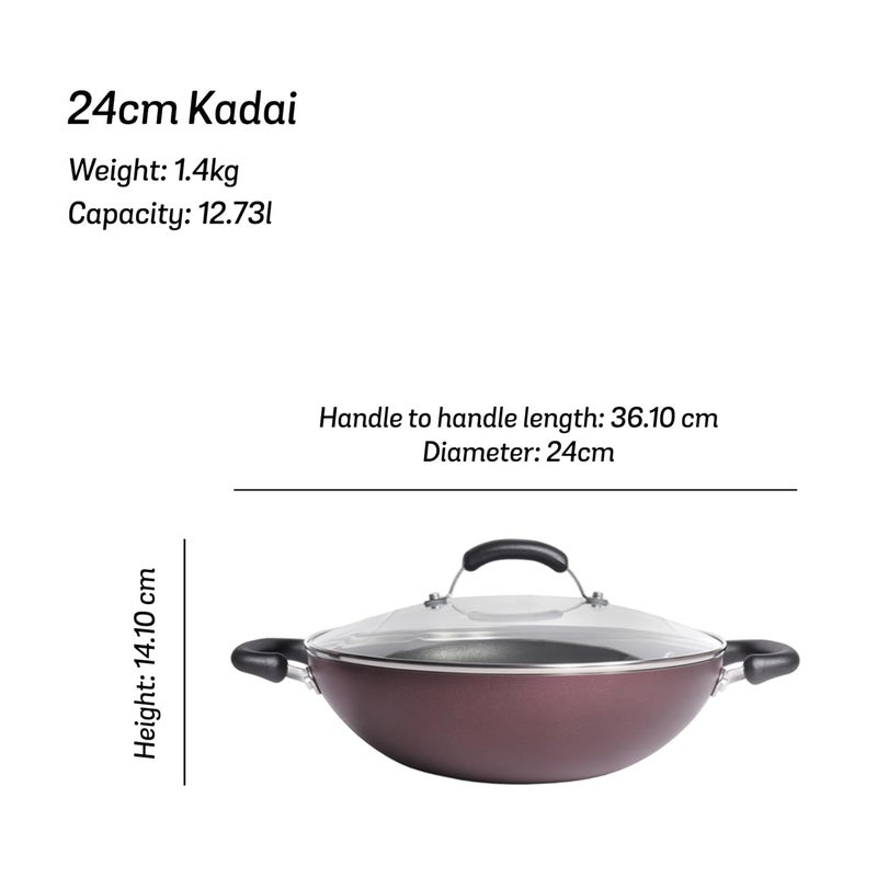 MEYER Meyer Merlot Aluminium NonStick Kadai Kadhai with Glass Lid Kadai for Deep Frying and Stir Frying Gas and Induction Compatible 100 Toxic Free 24cm  - Image 2