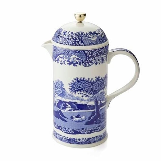 Spode Blue Italian French Press | 28-Ounce Capacity | Espresso, Coffee, and Tea Maker | Porcelain Cafetiere | Stainless Steel Plunger | Dishwasher Safe (Blue/White)