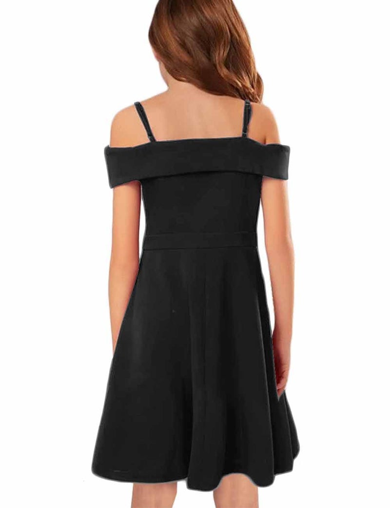 LuckyShe Big Girls Princess Dresses Elegant Cold Shoulder A Line Swing Party Dress for Kids,Black,8 Years - Image 2
