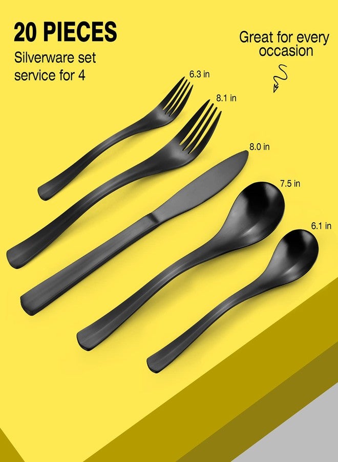 Bysta Black Silverware Set, Bysta 20-Piece Flatware Set, Stainless Steel Utensils Service for 4, Tableware Cutlery Set for Home and Restaurant, Include Knife/Fork/Spoon, Satin Finish, Dishwasher Safe - Image 2