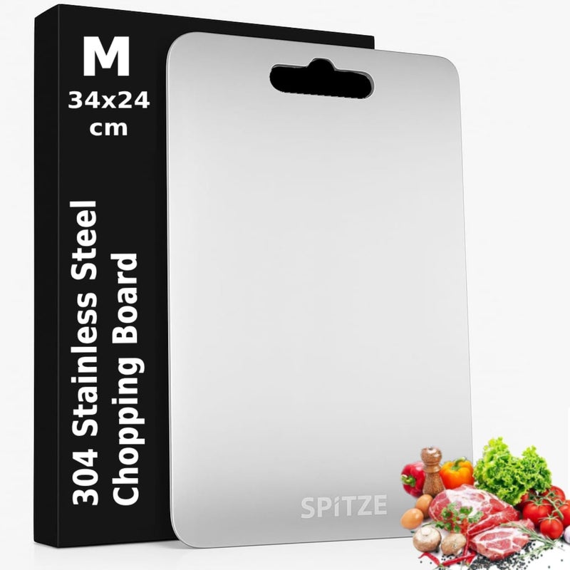 Fast & slow shipment compatible Chopping Board for Kitchen | 304 Large Stainless Steel Cutting Boards for Vegetables, Meat, Fruits and Dough Making | Heavy Duty Steel Chopping Board (Medium 34x24 cm) Matte anti slip finish