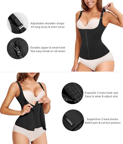 Nebility Women Waist Trainer Corset Zipper Vest Body Shaper Cincher Tank Top with Adjustable Straps (L, Black) - Image 3