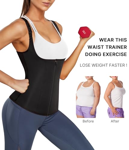Nebility Women Waist Trainer Corset Zipper Vest Body Shaper Cincher Tank Top with Adjustable Straps (L, Black) - Image 2