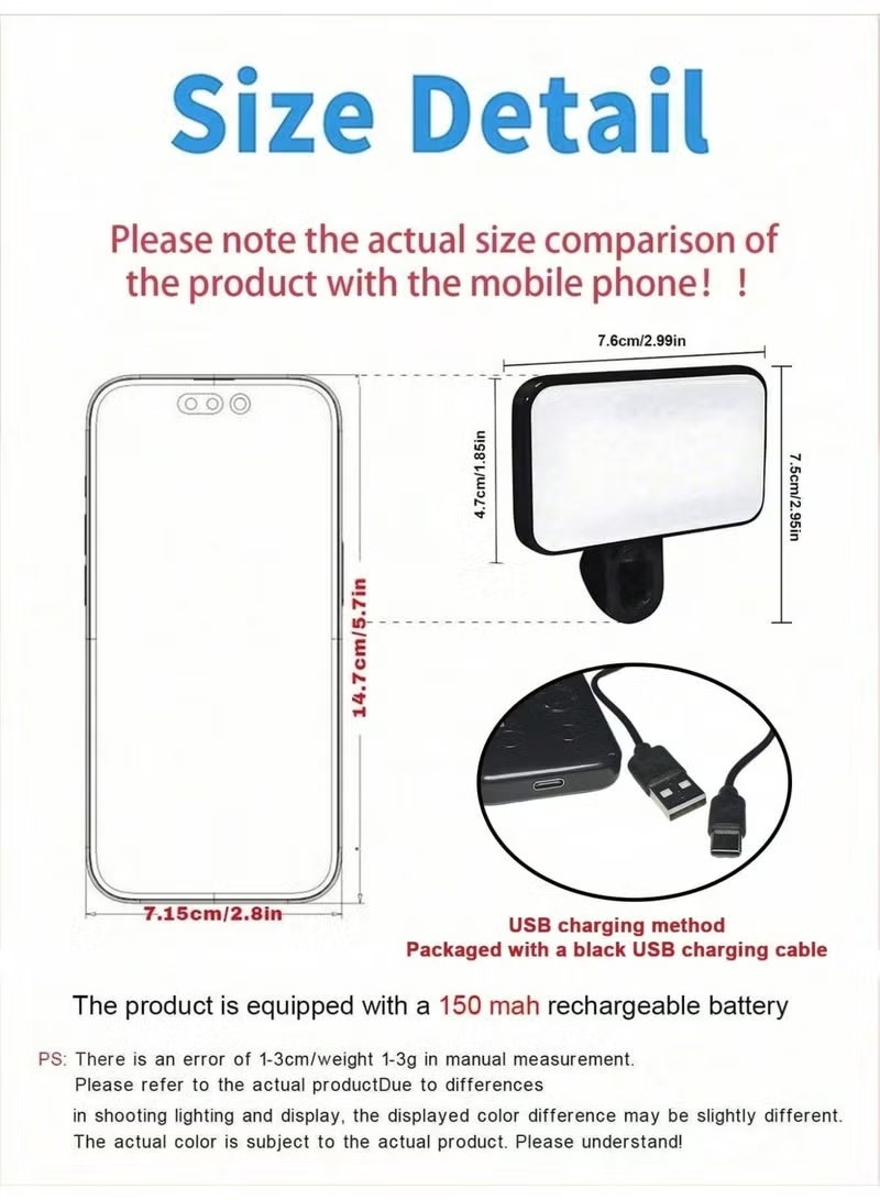 LED Portable Selfie Light: Rechargeable Phone Fill Lights with Clip, USB-C Charging, 3000-6500K 3 Light Modes ,Clip-on Light for Phone/Tablet/Laptop video shooting - Image 4