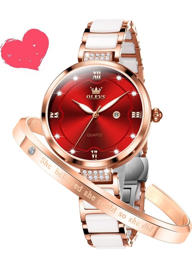 أوليفز ساعة OLEVS النسائية الأنيقة بسوار سيراميك، مرصعة بالألماس، مقاومة للماء، مضيئة، كوارتز، رسمية، 5589 - Image 1