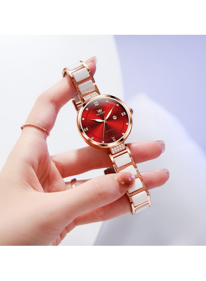 أوليفز ساعة OLEVS النسائية الأنيقة بسوار سيراميك، مرصعة بالألماس، مقاومة للماء، مضيئة، كوارتز، رسمية، 5589 - Image 2