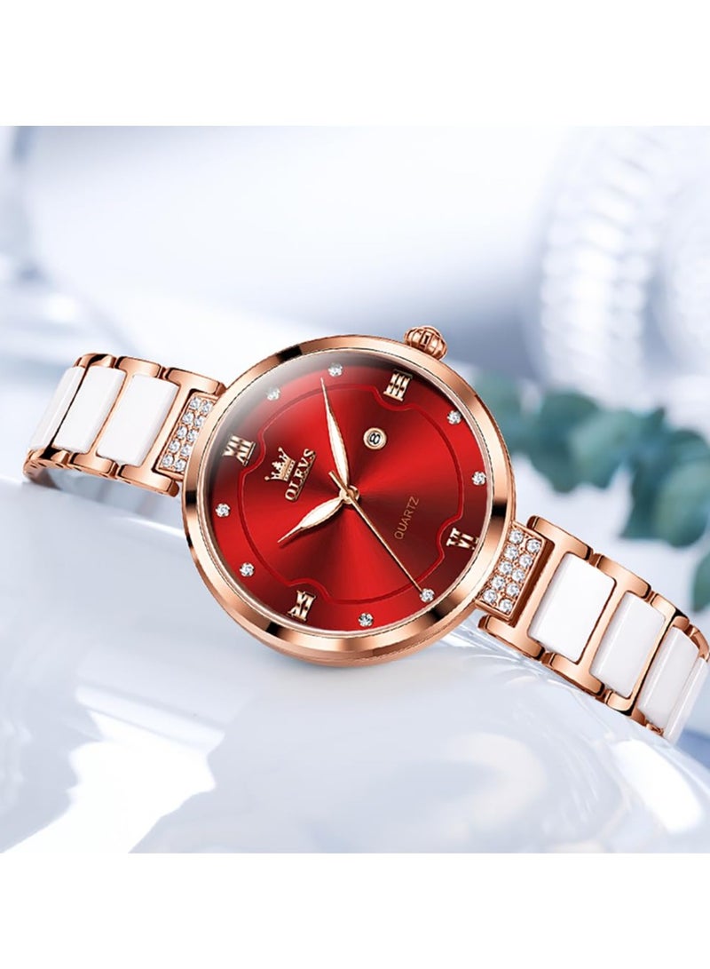 أوليفز ساعة OLEVS النسائية الأنيقة بسوار سيراميك، مرصعة بالألماس، مقاومة للماء، مضيئة، كوارتز، رسمية، 5589 - Image 3