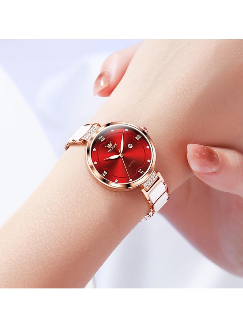 أوليفز ساعة OLEVS النسائية الأنيقة بسوار سيراميك، مرصعة بالألماس، مقاومة للماء، مضيئة، كوارتز، رسمية، 5589 - Image 4