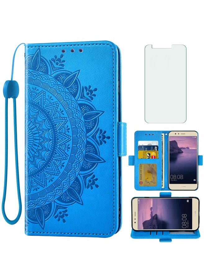 Asuwish Compatible with Huawei P10 Lite Wallet Case and Tempered Glass Screen Protector Card Holder Flip Purse Wrist Strap Stand Cell Phone Cover for Hawaii P10Lite 10P P 10 10Lite 2017 Women Men Blue - Image 1