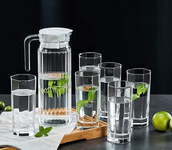 VILON Italian Premium Premium Elegant Glass Lemon Set of 7 Pcs1 Glass Jug (1300 ML) with 6 Glasses (300 ML) (Lighten) - Image 1